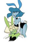 2016 alien better_version_at_source big_breasts blue_hair blue_skin blushmallet breasts bunny_costume cartoon_network cleavage clothed clothing cosplay duo elbow_gloves fake_ears fake_rabbit_ears female gem_(species) gloves green_skin hair lapis_lazuli_(steven_universe) looking_back not_furry one_eye_closed open_mouth open_smile peridot_(steven_universe) smile steven_universe wink 