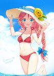  :d barefoot bikini blue_eyes bow braid cloud collarbone day flower hai_to_gensou_no_grimgar hair_bow hands_on_headwear hat hat_flower hat_ribbon leg_up long_hair merueto navel open_mouth outdoors pink_hair red_bikini ribbon single_braid sky smile solo straw_hat swimsuit very_long_hair water wet yume_(grimgar) 