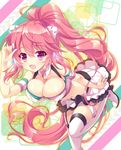  ahoge bemani blush breasts cleavage commentary_request headphones hinata_momo large_breasts long_hair looking_at_viewer navel open_mouth pink_eyes pink_hair ponytail rasis smile solo sound_voltex thighhighs very_long_hair 