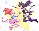  black_hair blake_belladonna cat_girl cat_tail catfight collar fingerless_gloves gloves iesupa knee_pads multiple_girls navel neon_katt pantyhose red_hair roller_skates rwby skates tail 