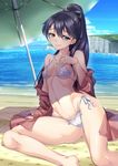  bare_shoulders beach beach_umbrella bikini black_hair blue_eyes breasts cameltoe cloud covered_nipples day groin hair_between_eyes highres houshou_(kantai_collection) kantai_collection long_sleeves looking_at_viewer navel ocean off_shoulder outdoors ponytail sand shirokuma_a shore side-tie_bikini sky small_breasts smile solo star star_print sweat swimsuit umbrella water white_bikini 