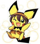  cosplay full_body gen_2_pokemon green_eyes hairband jojo_no_kimyou_na_bouken narancia_ghirga narancia_ghirga_(cosplay) no_humans one_eye_closed open_mouth pichu pokemon pokemon_(creature) seta_makoto skirt smile solo 