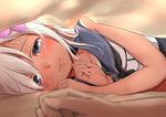  bare_arms bare_shoulders black_swimsuit blanket blonde_hair blurry blush closed_mouth dark_skin depth_of_field futon hair_ornament hairpin half-closed_eyes hands kantai_collection looking_at_viewer lying neckerchief on_side one-piece_swimsuit out_of_frame pov pov_hands ro-500_(kantai_collection) sailor_collar shirt sleeveless sleeveless_shirt smile solo_focus swimsuit tan tanline umakuchi_shouyu under_covers upper_body white_shirt wristband 