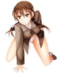  1girl blush brown_hair gertrud_barkhorn long_hair military_uniform strike_witches thighs twintails unier 