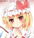  blonde_hair blush bow flandre_scarlet frown hair_between_eyes hat hat_bow looking_at_viewer mob_cap portrait puffy_sleeves ramudia_(lamyun) red_bow red_eyes ribbon_trim side_ponytail simple_background solo touhou white_background white_hat wings wrist_cuffs 