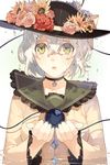  bow breasts choker eyeball flower green_eyes hat hat_bow hat_ribbon holding komeiji_koishi long_sleeves medium_breasts open_mouth pig_ggul ribbon shirt short_hair silver_hair solo tears third_eye touhou water wide_sleeves 