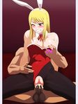  1boy 1girl animal_ears blonde_hair breast_grab breasts bunny_ears bunnysuit censored clothed_female_nude_male cum cum_in_pussy fairy_tail female game_cg hetero large_breasts legs lime_(purple_haze) long_hair lucy_heartfilia nude penetration penis pussy sex short_hair sitting sweat testicles vaginal 