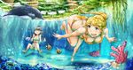  absurdres air_bubble barefoot black_hair blonde_hair breath bubble coral dolphin fish freediving highres holding_breath long_hair makarony multiple_girls original puffy_cheeks submerged swimsuit tied_hair underwater water 