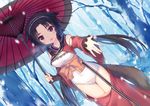  absurdres animal_ears bare_shoulders black_hair blush braid cis_(utawarerumono) detached_sleeves dutch_angle fang forest frilled_sleeves frills hairband highres japanese_clothes jiang-ge leotard long_hair looking_at_viewer low_twintails nature oriental_umbrella red_eyes sash smile snow snowing solo tail twin_braids twintails umbrella utawareru_mono utawareru_mono:_itsuwari_no_kamen very_long_hair wide_sleeves winter 