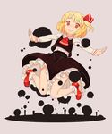  :&gt; ascot black_skirt blonde_hair darkness eyebrows hair_ribbon highres jean_(jean_sp) long_sleeves outstretched_arms petticoat red_eyes ribbon rumia short_hair skirt skirt_set smile solo thick_eyebrows touhou vest 