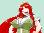  braid breasts closed_eyes colored_eyelashes covered_nipples hat highres hiku hong_meiling large_breasts long_hair open_mouth red_hair simple_background solo touhou twin_braids vest 