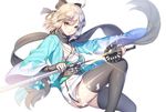  ahoge black_legwear blonde_hair bow fate_(series) ganik hair_bow japanese_clothes katana koha-ace okita_souji_(fate) okita_souji_(fate)_(all) scarf sheath shinsengumi short_hair simple_background solo sword thighhighs unsheathing weapon yellow_eyes 