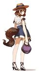  amonitto bag black_ribbon blue_skirt brown_eyes brown_hair carrying closed_mouth dog_tail from_behind full_body handbag hat hat_ribbon high_heels open_toe_shoes original ribbon shirt shoes short_hair short_sleeves simple_background skirt smile solo standing strappy_heels tail white_background white_shirt 