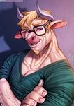  2016 alanscampos anthro beard bovine cattle clothed clothing crossed_arms digital_media_(artwork) eyewear facial_hair front_view fur glasses goatee hair half-length_portrait hi_res horn looking_at_viewer male mammal portrait purple_eyes shadow shirt signature simple_background smile solo tan_fur url vein 