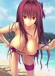  beach bent_over bikini bikini_bottom bikini_top breasts cleavage cloud collarbone day fate/grand_order fate_(series) flower hair_flower hair_ornament hanging_breasts hibiscus highres kawanakajima large_breasts leg_garter looking_at_viewer midriff navel outdoors red_eyes red_hair sand scathach_(fate)_(all) scathach_(swimsuit_assassin)_(fate) sky smile solo swimsuit water 