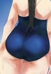  arms_at_sides ass ass_focus black_hair blue_background blue_swimsuit close-up from_behind highres long_hair one-piece_swimsuit original ponytail school_swimsuit simple_background sketch solo swimsuit thigh_gap thighs wachiwo water water_drop wet 