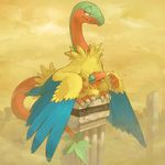  2010 ambiguous_gender archen archeops avian baketu desolate duo eyes_closed feathered_wings feathers female feral nintendo nude outside pok&eacute;mon size_difference sky video_games wings yellow_feathers 