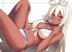  ahoge alternate_costume bare_shoulders bikini blush breasts cleavage cocona dark_skin from_side granblue_fantasy hand_on_leg knee_up long_hair looking_at_viewer lying medium_breasts navel on_back red_eyes sarong side-tie_bikini smile solo stomach swimsuit thighs white_bikini white_hair zooey_(granblue_fantasy) 