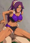 1boy 1girl anus bare_arms bare_legs bare_shoulders bleach blush breasts censored clothed_female_nude_male dark_skin female game_cg hetero large_breasts legs lime_(purple_haze) long_hair looking_back lying nude penetration penis ponytail purple_hair pussy pussy_juice sex shihouin_yoruichi sitting sports_bra squatting sweat vaginal 