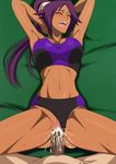 1boy 1girl bare_arms bare_legs bare_shoulders bleach blush breasts censored clothed_sex cum cum_in_pussy dark_skin female game_cg hetero large_breasts legs lime_(purple_haze) long_hair lying missionary penetration penis ponytail purple_hair pussy pussy_juice sex shihouin_yoruichi sports_bra squatting sweat vaginal 