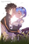  1girl absurdres black_hair blue_hair character_name closed_eyes copyright_name couple detached_sleeves edan forehead-to-forehead hair_ornament hetero highres maid maid_headdress natsuki_subaru re:zero_kara_hajimeru_isekai_seikatsu rem_(re:zero) short_hair smile tears x_hair_ornament 