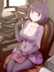  bangs blunt_bangs bob_cut book book_stack breasts chair cleavage commentary_request elbow_gloves elite_four gloves kous_(onetwojustice) large_breasts no_eyewear pantyhose pen pokemon pokemon_(game) pokemon_bw purple_eyes purple_hair shikimi_(pokemon) short_hair sitting skirt solo 