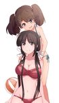 :d alternate_hairstyle asaoka_(0x0) ball bare_arms bare_shoulders beachball behind_back bikini black_hair blue_bikini blush breasts brown_eyes brown_hair cleavage collarbone eyebrows eyebrows_visible_through_hair fang hair_ornament hair_ribbon hands_on_another's_shoulders hiyou_(kantai_collection) kantai_collection large_breasts long_hair looking_at_another low_twintails multiple_girls navel open_mouth red_bikini ribbon ryuujou_(kantai_collection) side-tie_bikini small_breasts smile swimsuit twintails white_background white_ribbon 