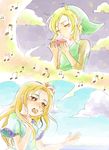  1girl beamed_eighth_notes blonde_hair blue_eyes brown_eyes closed_eyes cloud eighth_note flower green_hat hair_flower hair_ornament hat instrument koma_taro link marin_(the_legend_of_zelda) music musical_note ocarina open_mouth outdoors outstretched_hand phrygian_cap pointy_ears quarter_note spoken_musical_note the_legend_of_zelda the_legend_of_zelda:_link's_awakening tunic 