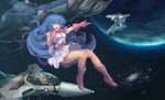  1girl aircraft airplane blue_hair boots choujikuu_yousai_macross dress fighter_jet floating galaxy gloves hayase_misa highres jet long_hair lynn_minmay macross macross:_do_you_remember_love? mecha microphone military military_vehicle planet sdf-1 skaijang songstress space space_craft variable_fighter vf-1 