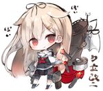  :3 black_ribbon black_serafuku black_skirt blonde_hair chibi hair_flaps hair_ornament hair_ribbon hairclip kantai_collection kotatu_(akaki01aoki00) long_hair neckerchief pleated_skirt red_eyes red_neckwear remodel_(kantai_collection) ribbon scarf school_uniform serafuku skirt solo straight_hair torpedo white_scarf yuudachi_(kantai_collection) 