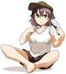  alternate_eye_color alternate_hair_color amonitto bare_shoulders barefoot bra brown_shorts collarbone fan full_body green_bra green_eyes hair_between_eyes hair_bobbles hair_ornament hands_up hat holding holding_fan hot kawashiro_nitori paper_fan purple_hair see-through shirt short_shorts shorts simple_background sitting sleeveless sleeveless_shirt solo sweatdrop toenails toes touhou two_side_up underwear white_background white_shirt 
