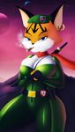  anthro big_breasts blue_eyes breasts cigar cleavage clothed clothing ear_piercing feline female hat huge_breasts lynx mammal melee_weapon miyu_lynx nintendo piercing sirredbenjamin skinsuit solo star_fox sword tight_clothing video_games weapon 