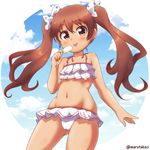  bikini brown_eyes brown_hair cameltoe food frilled_bikini frills from_below kantai_collection libeccio_(kantai_collection) licking long_hair maru_takeo popsicle solo swimsuit twintails 