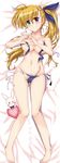  2016 bed_sheet blonde_hair bra breasts commentary_request dated green_eyes groin hair_ribbon large_breasts long_hair lying lyrical_nanoha mahou_shoujo_lyrical_nanoha_vivid navel official_style on_back panties red_eyes ribbon san-pon side_ponytail smile solo striped striped_panties twitter_username underwear vivio 