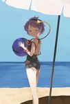  backless_outfit ball bare_back beach beach_umbrella beachball black_swimsuit casual_one-piece_swimsuit closed_mouth cowboy_shot day expressionless hairband heart highres komeiji_satori looking_at_viewer looking_back one-piece_swimsuit purple_eyes purple_hair shihou_(g-o-s) short_hair solo standing swimsuit third_eye touhou umbrella 