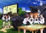  absurdres akiyama_yukari black_eyes black_hair brown_eyes brown_hair card caterpillar_tracks closed_eyes cloud collarbone day eating girls_und_panzer glasses green_skirt ground_vehicle hairband hand_on_hip high_ponytail highres index_finger_raised isuzu_hana kadotani_anzu kawashima_momo koyama_yuzu m3_lee map military military_vehicle monocle motor_vehicle multiple_girls nishizumi_miho official_art ooarai_school_uniform orange_hair outdoors panzerkampfwagen_iv pleated_skirt reizei_mako school_uniform serafuku shirt sitting skirt sky standing takebe_saori tank tree twintails type_89_i-gou white_hairband white_shirt 