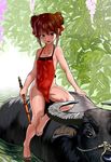  bare_legs barefoot brown_eyes brown_hair buffalo double_bun dudou flute full_body highres instrument leaf no_panties original riding solo water yewang19 