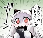 blush cellphone commentary covered_mouth dress gloom_(expression) holding horns kantai_collection long_hair looking_at_viewer mittens northern_ocean_hime phone red_eyes shinkaisei-kan signature smartphone solo tearing_up tears translated white_dress white_hair white_skin yamato_nadeshiko 