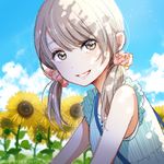  :d bag bangs bare_arms blue_dress cloud cloudy_sky day dress flower grey_eyes hair_ornament hair_scrunchie hishi_(k-xaby) long_hair looking_at_viewer open_mouth original outdoors scrunchie shoulder_bag silver_hair sky sleeveless sleeveless_dress smile solo summer sundress sunflower teeth twintails 
