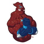  5_fingers abs anthro biceps big_biceps big_muscles blue_clothing calamari cephalopod clothed clothing colored cyan_scales digital_drawing_(artwork) digital_media_(artwork) fin fist flexing front_view frown giant_squid glare gloves half-length_portrait huge_muscles light manly marine muscular navel no_iris noseless pinup plain_white portrait pose red_scales samudra_aquarium scales scar shaded shiny_body signature simple_background solo squid symbol tentacle_hair tentacles thick_neck topless white_background wrestler 