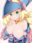  areolae bare_shoulders blonde_hair blush breasts clothes_down collarbone dark_magician_girl dress duel_monster from_above green_eyes hat highres karucho large_breasts lips long_hair nipples off-shoulder_dress off_shoulder smile solo suggestive_fluid upper_body wizard_hat yuu-gi-ou 