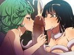  2girls black_hair blush breast_grab breasts censored cum ejaculation facial fellatio fubuki_(one-punch_man) green_eyes green_hair highres ice_place large_breasts large_penis looking_at_another monster mosaic_censoring multiple_girls nude one-punch_man oral penis short_hair siblings sisters sweat tatsumaki tentacle wavy_hair 