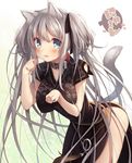  animal_ears arched_back blue_eyes blush breasts cat_ears cat_tail collar dress hair_ornament hair_ribbon highres large_breasts long_hair looking_at_viewer mabinogi nao_(mabinogi) ribbon silver_hair solo standing tail tied_hair twintails usamata 