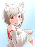  :3 animal_ears bare_shoulders blush detached_sleeves fang gradient gradient_background inubashiri_momiji kyabe_tsuka looking_at_viewer pom_pom_(clothes) red_eyes short_hair silver_hair solo summer touhou wolf_ears 