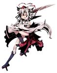  absurdres animal_ears bare_shoulders coreytaiyo detached_sleeves geta hat highres inubashiri_momiji kourindou_tengu_costume pom_pom_(clothes) red_eyes short_hair silver_hair simple_background solo sword tachi-e tail tokin_hat touhou weapon white_background wolf_ears wolf_tail 