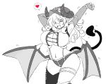  1girl :d breasts commentary_request demon_girl demon_horns demon_tail demon_wings earrings elbow_gloves eyes_closed gloves greyscale hair_over_one_eye heart horns huge_breasts jewelry latenight legband long_hair low_wings monochrome monster_girl_encyclopedia motion_lines navel one_eye_covered open_mouth panties pointy_ears round_teeth single_thighhigh smile solo spoken_heart spot_color standing stretch succubus_(monster_girl_encyclopedia) tail teeth thighhighs underwear wings 