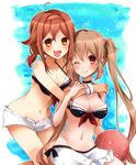  :d ;) ahoge ball bare_shoulders beachball bikini_skirt bikini_top blush breasts brown_hair groin hair_ornament hair_ribbon hairband hand_on_another's_shoulder hug kantai_collection light_brown_hair long_hair looking_at_viewer low_twintails medium_breasts multiple_girls murasame_(kantai_collection) navel one_eye_closed open_mouth orange_eyes physali red_eyes red_hairband ribbon shiratsuyu_(kantai_collection) short_hair short_shorts short_twintails shorts skirt smile tan tanline twintails twitter_username white_shorts white_skirt 