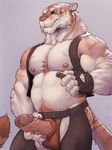  anthro balls biceps big_muscles body_hair chest_hair cigar clothing erection feline forge_(artist) fur hair humanoid_penis looking_at_viewer male mammal manly musclegut muscular muscular_male nipples pecs penis retracted_foreskin simple_background smile smoking solo standing tiger uncut 