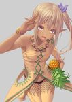  :d blonde_hair dark_skin elf ese_shinshi fishnet_pantyhose fishnets food fruit long_hair looking_at_viewer open_mouth original pantyhose pineapple pointy_ears side_ponytail simple_background smile solo yellow_eyes 