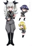  absurdres anchovy anzio_military_uniform boots carpaccio chibi girls_und_panzer grey_hair grin highres knife long_hair military military_uniform multiple_girls necktie official_art pepperoni_(girls_und_panzer) riding_crop short_hair simple_background smile twintails uniform weapon white_background 